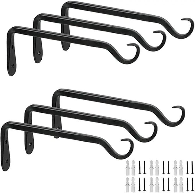 Worth Garden 6-Pack 7" Plant Hanger Bracket - Forged Wrought Iron Powder-Coated Heavy Duty Wall Hook - Black Plant Hanging Hooks - Durable and Stable for Bird Feeders, Planters Indoor & Outdoor by GreenHaven Gardens
