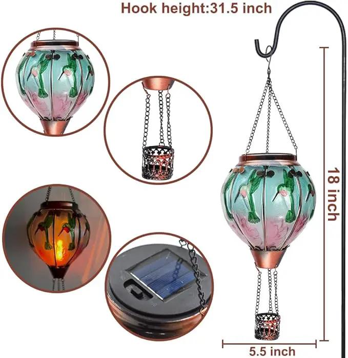 2PCS Solar Hot Air Balloon Lanterns with Flame Glass Hot Air Balloon Lights with 2PCS Shepherd's Hooks Waterproof Hanging Outdoor Solar Lantern for Yard Patio Christmas Decor (Hummingbird) by GreenHaven Gardens