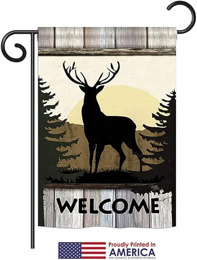 Welcome Deer Garden House Flags Kit Animals Wildlife Outdoor Bear Wolf Pet Nature Farm Animal Creature Small Decorative Gift Yard Banner Made In USA 28 X 40 by GreenHaven Gardens