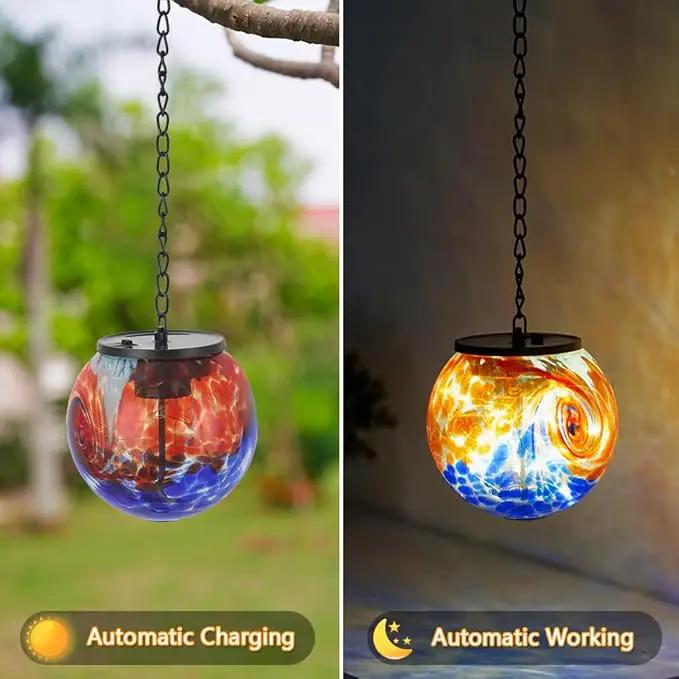 Hanging Solar Lanterns Outdoor Waterproof, Hanging Glaze Glass Solar Lantern, Gazing Ball Lantern Waterproof Decor for Yard Garden Patio by GreenHaven Gardens