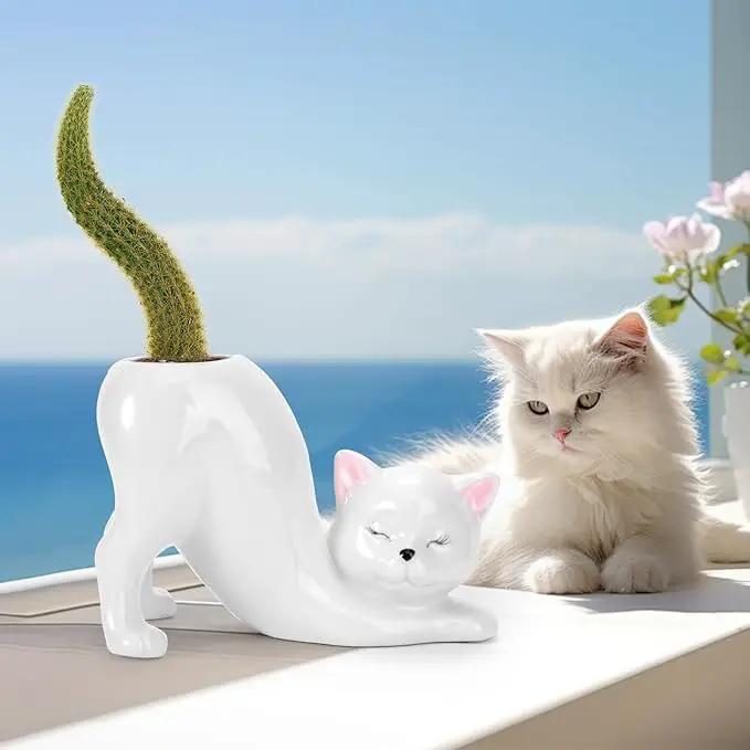TOIVO Unique Cat Planter Pot，Indoor and Outdoor Plant Displays，Funny Ceramics Cat Flower Pot，Cat Gifts for Cat Lovers，Lovely Office Desk Room Home Decor (White, Small) by GreenHaven Gardens
