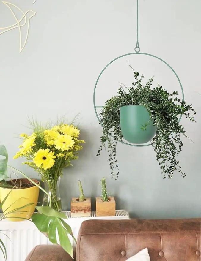 Hanging Planters 2 Pack Boho Mid Century Hanging Plants Hangers Metal Wall Ceiling Flower Pot Indoor Outdoor Vine Holder Room and Window Decor(Green) by GreenHaven Gardens