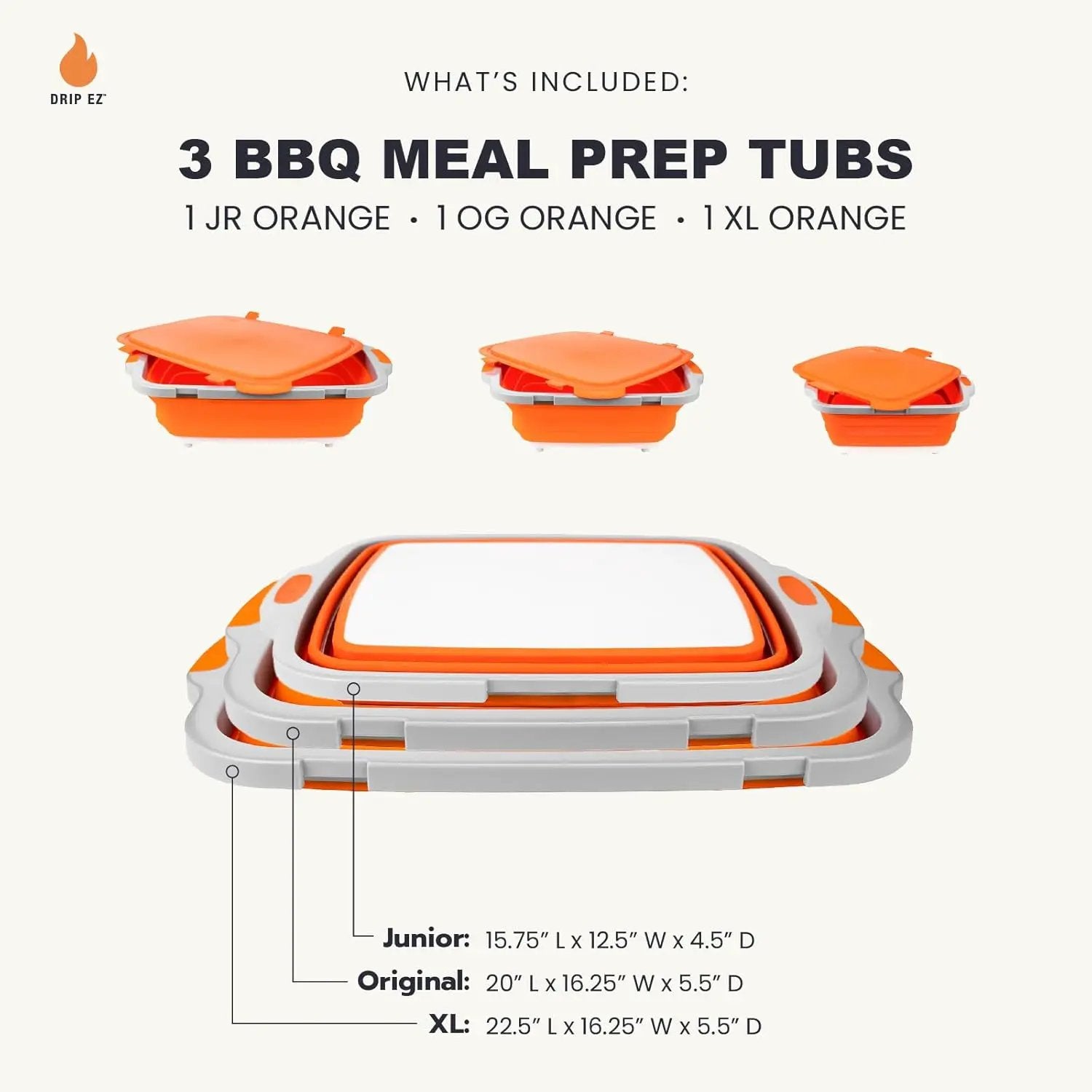 Drip EZ Collapsible BBQ Prep Tubs 3-Piece Set- For Meal Prep Marinating Food Storage - Includes Cutting Board & Lid - (1) JR + (1) OG + (1) XL - Orange by GreenHaven Gardens