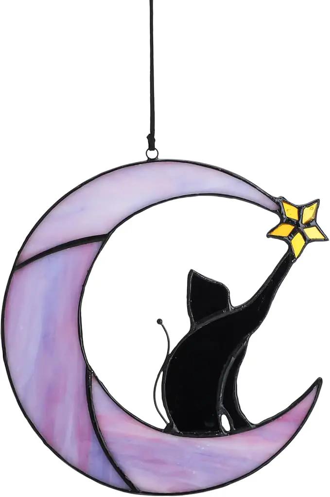 HDCRYSTALGIFTS 6.5'' Black Cat Decor on Purple Moon Stained Glass Window Hanging Suncatcher,Wall Art Glass Window Panel Sun Catcher,Halloween Ornament Decoration Memorial Gift for Lover Cat Loss by GreenHaven Gardens