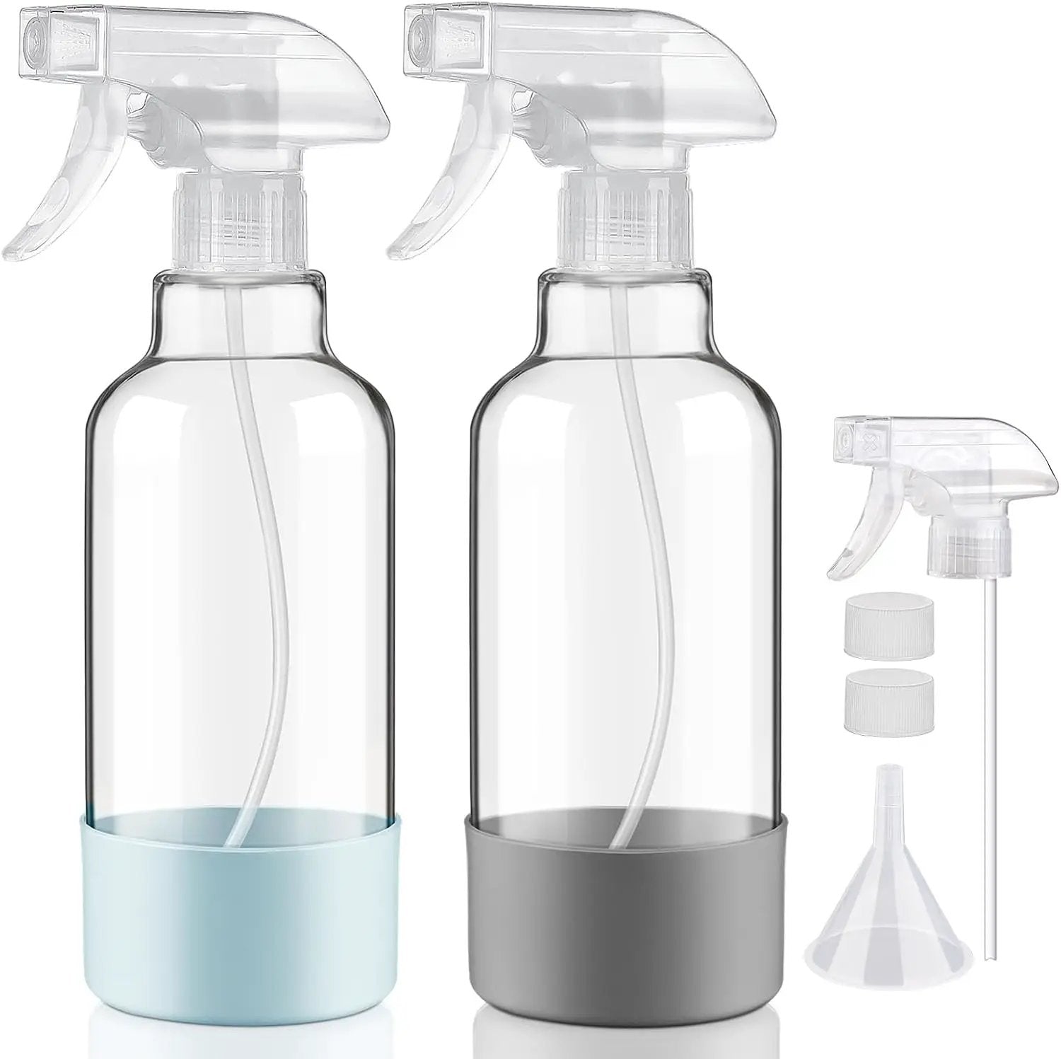 Glass Spray Bottles with Silicone Sleeve 16.9oz 2 Pack Empty Spray Bottle for Hair Mist/Stream Spraying for Cleaning Solutions, Plants, Essential Oils (clear-qblue&grey) by GreenHaven Gardens