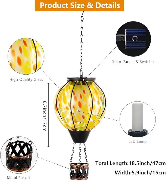 Hot Air Balloon Solar Lanterns with Flickering Flame Light,Glass Hanging Solar Lanterns Outdoor Waterproof Hot Air Balloon Light for Patio Yard Garden Decor Mother Day Gifts for Women(Yellow) by GreenHaven Gardens