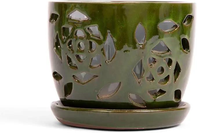 rePotme 5 inch Floral Cutout Ceramic Orchid Pot (Emerald Green) - Includes 5 inch Slotted Pot Liner by GreenHaven Gardens