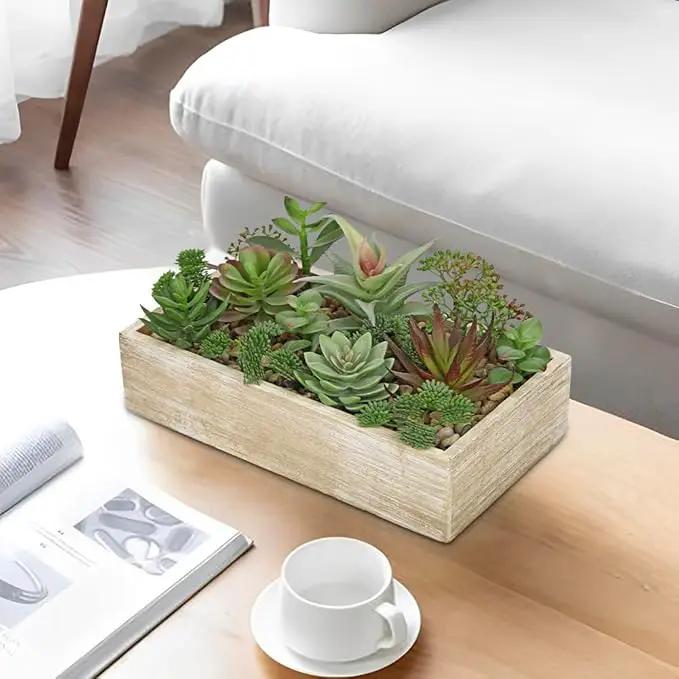 Artificial Succulent Plants in Pot 10 Inch Fake Succulent Arrangement Potted Succulents Plants Centerpiece in Rectangular Wooden Planter for Home Office Desk Shelf Living Room Bedroom Farmhouse Decor by GreenHaven Gardens