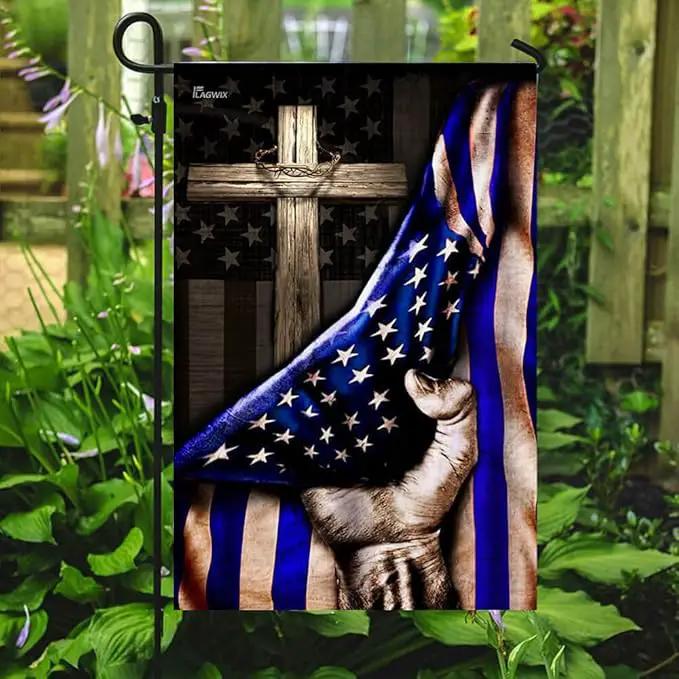 FLAGWIX The Thin Blue Line Christian Cross, America US Flag - 4th of July Decorations for Home, Garden, House Flag (29.5" x 39.5") - USA House Garden Flags Premium Polyester, Decorative Outdoor Flags by GreenHaven Gardens