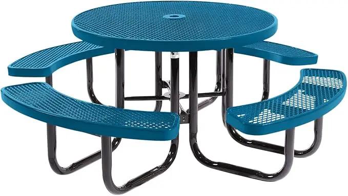 Heavy-Duty Portable Outdoor Picnic Table with Umbrella Hole, Expanded Metal Commercial-Grade Patio Dining Furniture Made in America (46" Round Top, Light Blue) by GreenHaven Gardens