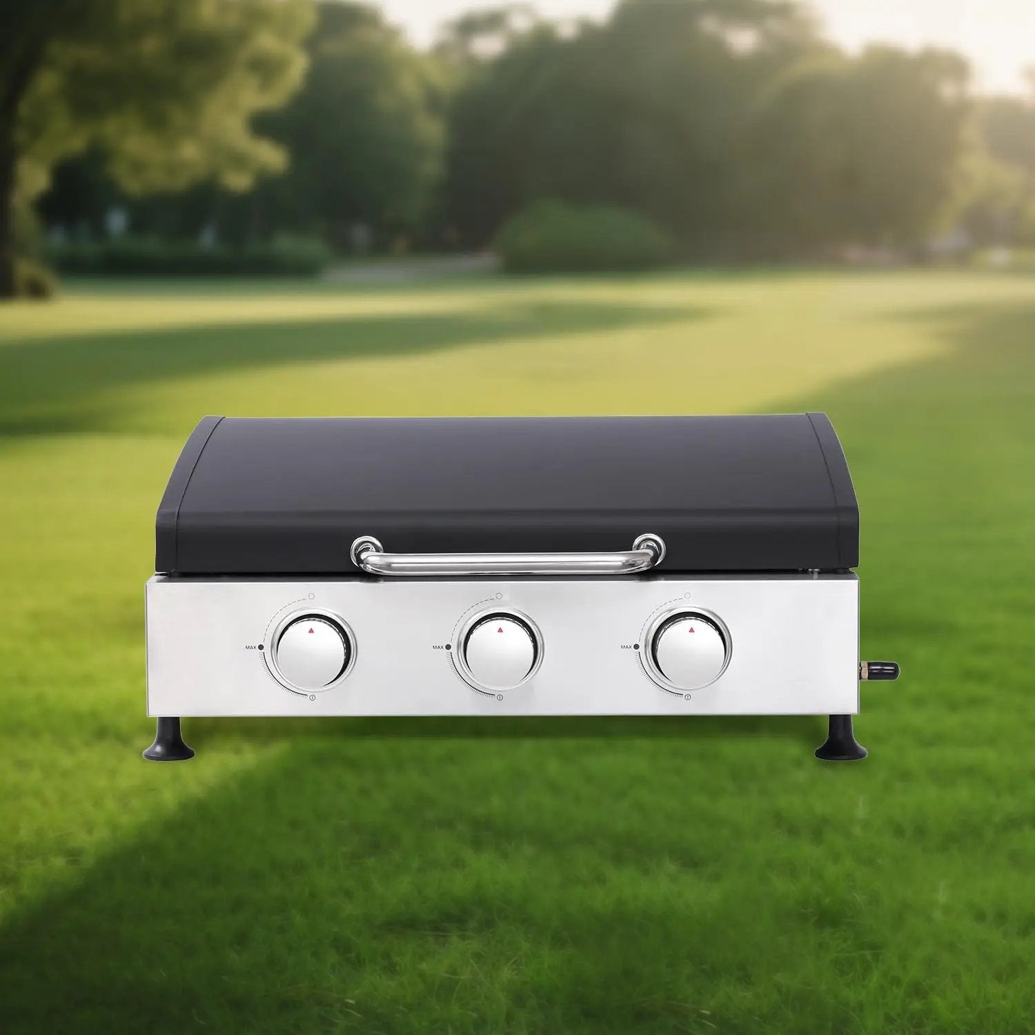 3-Burner Propane Gas BBQ Grill with SS Plancha, 28,650 BTU Output, Wire Enamel Cooking Grids, Heavy-Duty Stainless Steel Grill by GreenHaven Gardens
