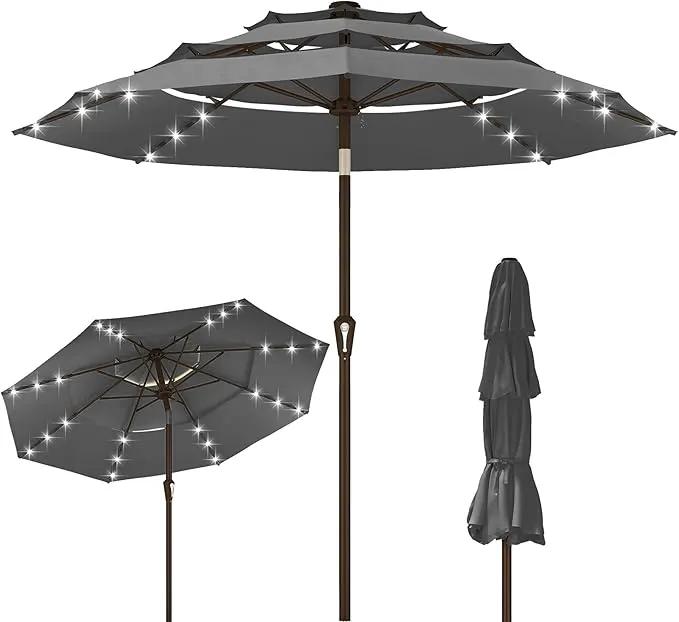 Kingdura 10ft 3-Tier Patio Umbrella with Solar Lights, Table Umbrella Outdoor Patio with Easy Crank & Tilt, 8 Sturdy Ribs, UV Protection, 32 LED Lights for Deck, Poolside, Market (Grey) by GreenHaven Gardens