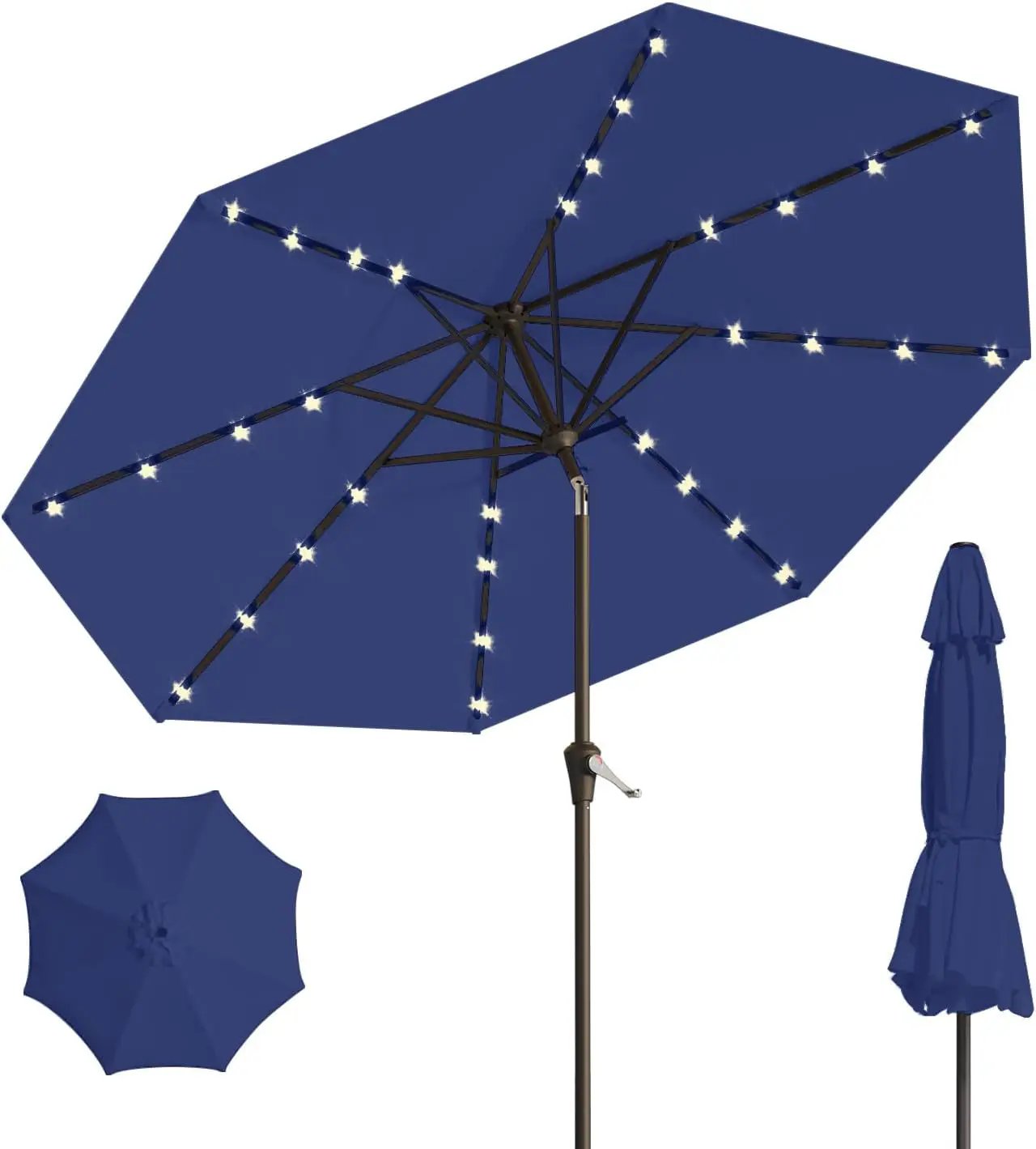 10FT Solar Umbrella 32 LED Lighted Patio Umbrella Table Market Umbrella w/Tilt and Crank, UV-Resistant Outdoor Umbrella for Pool, Garden, Deck, Navy Blue by GreenHaven Gardens