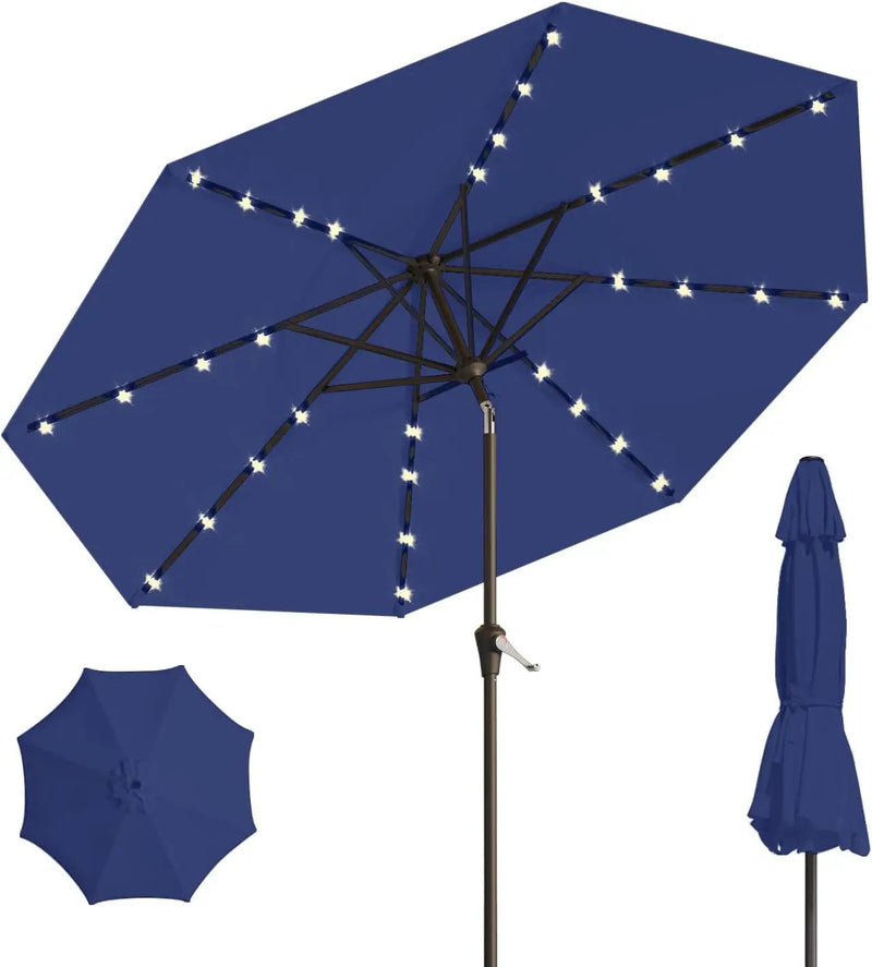 10FT Solar Umbrella 32 LED Lighted Patio Umbrella Table Market Umbrella w/Tilt and Crank, UV-Resistant Outdoor Umbrella for Pool, Garden, Deck, Navy Blue by GreenHaven Gardens