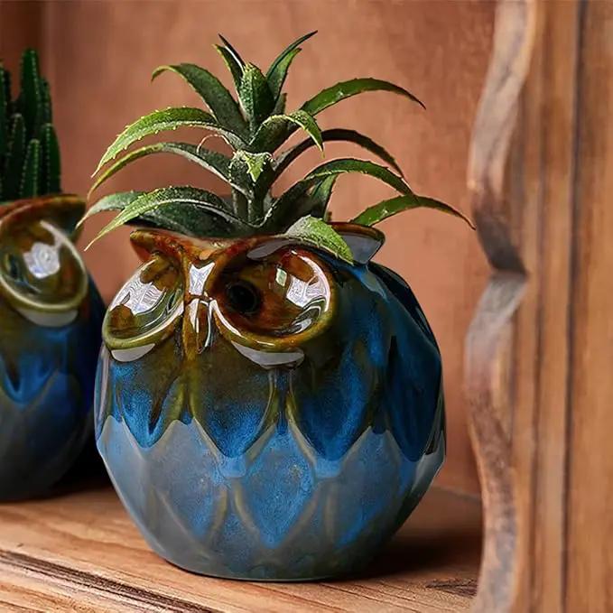 GeLive Blue Owl Ceramic Succulent Planter with Drainage Hole Animal Plant Pot Tabletop Decoration Vase Window Box Indoor Outdoor Decor (Blue) by GreenHaven Gardens