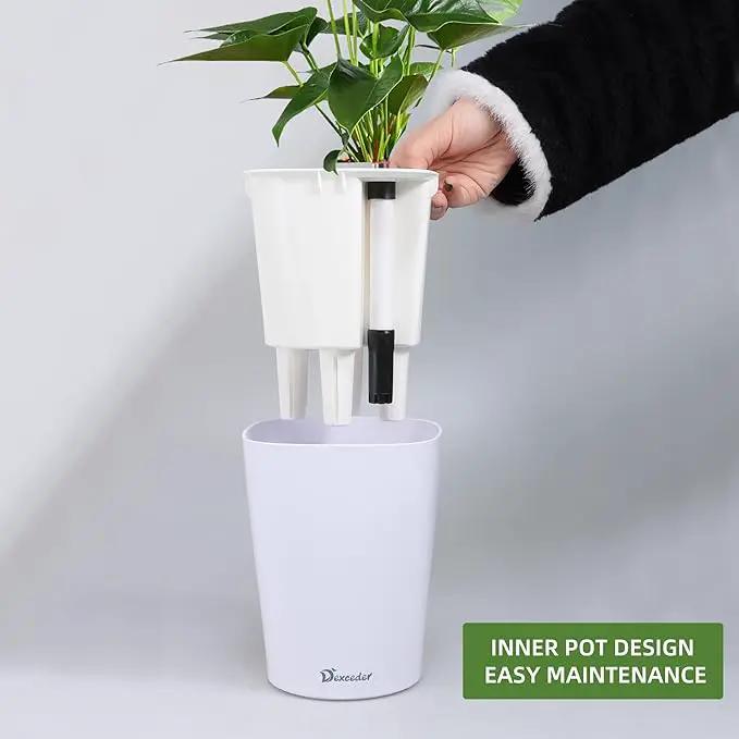 Dexceder 6x7 Self Watering Planter Indoor Outdoor, High Gloss Table Flower Plant Pot with Water Level Indicator (White) by GreenHaven Gardens