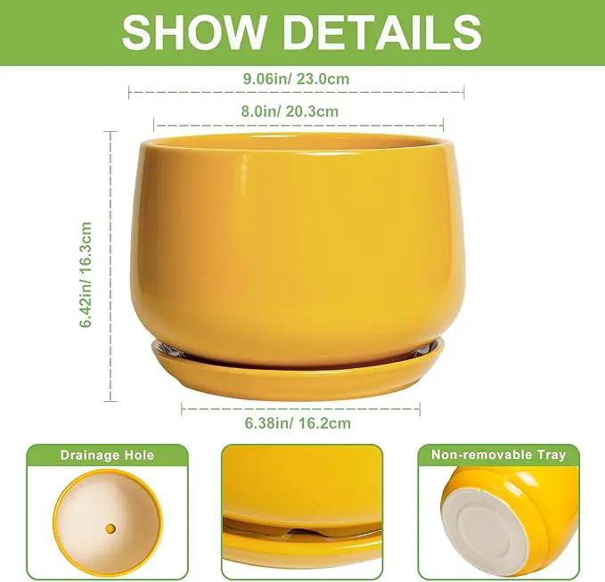 G EPGardening Ceramic Flower Pot - 9 Inch Plant Pots for Indoor Outdoor Plants, Round Ceramic Planter with Drainage and Plant Saucer, Modern Planter, Home Office Decor, Garden Gifts, Yellow by GreenHaven Gardens