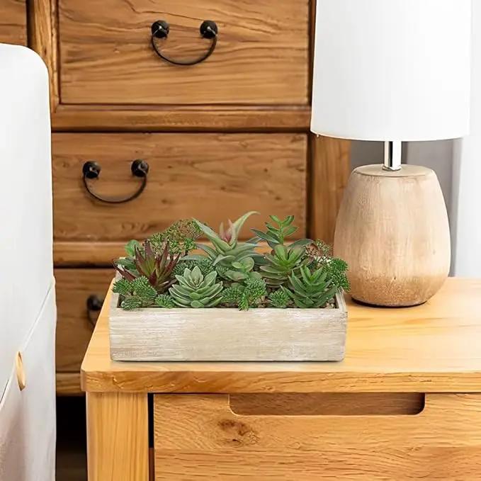 Artificial Succulent Plants in Pot 10 Inch Fake Succulent Arrangement Potted Succulents Plants Centerpiece in Rectangular Wooden Planter for Home Office Desk Shelf Living Room Bedroom Farmhouse Decor by GreenHaven Gardens