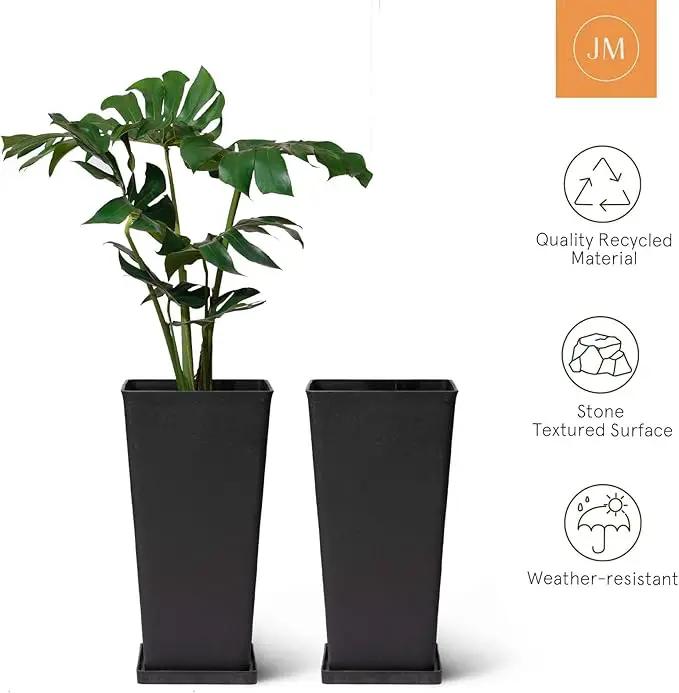 LA JOLIE MUSE 26 inch Tall Black Planters for Outdoor Plants,Set of 2 Tapered Planters with Trays,V-Shape Rectangular Garden Planters for Front Door, Patio and Deck by GreenHaven Gardens