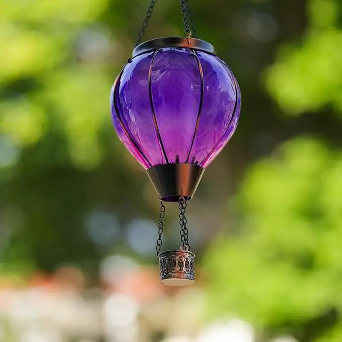 Starsoul Purple Hot Air Balloon Solar Lantern with Flickering Flame Light Glass Solar Powered Hot Air Balloon Lamp Waterproof Hanging Hot Air Balloon Led Lights by GreenHaven Gardens