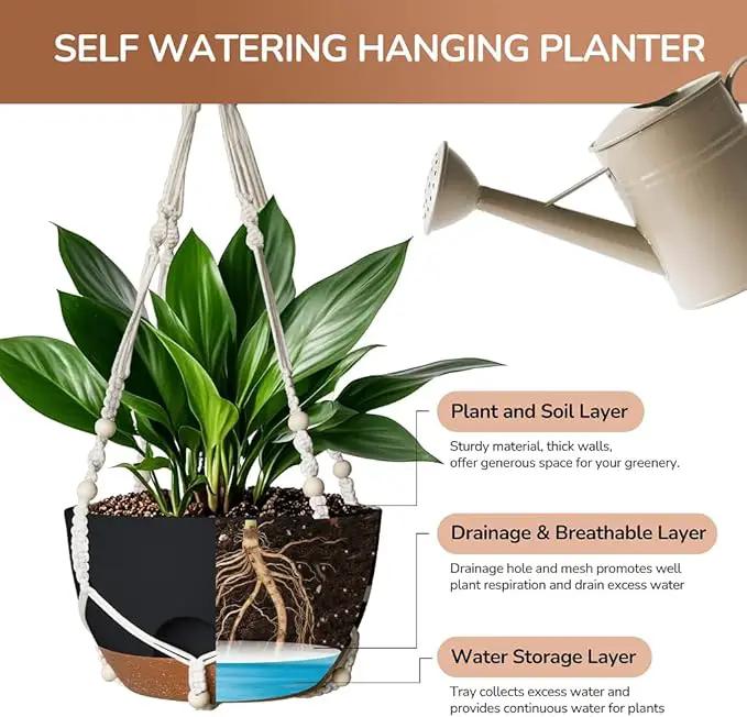 12 Inch Hanging Baskets for Plants Outdoor, Hanging Planters for Indoor Outdoor Plants, Hanging Planter with Self Watering, Hanging Flower Pots (Black Planter with Macrame + Iron Hangers) by GreenHaven Gardens