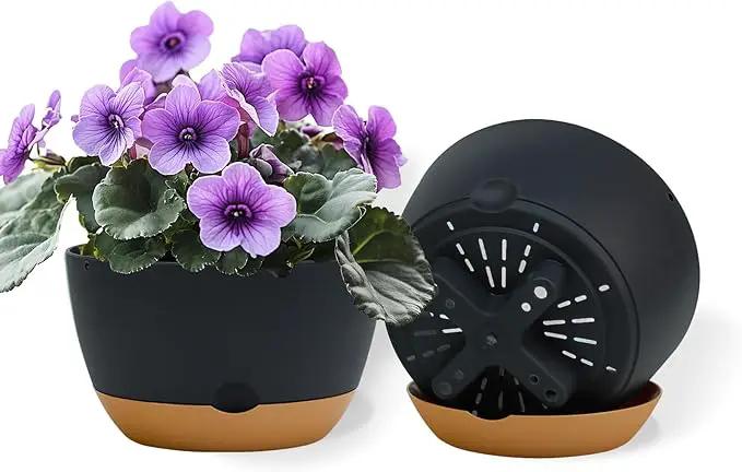 8 Inch Pots for Indoor Plants, Self Watering Planters with Drainage and Saucers, Plastic Outdoor Flower Pot, Set of 2, Grey by GreenHaven Gardens