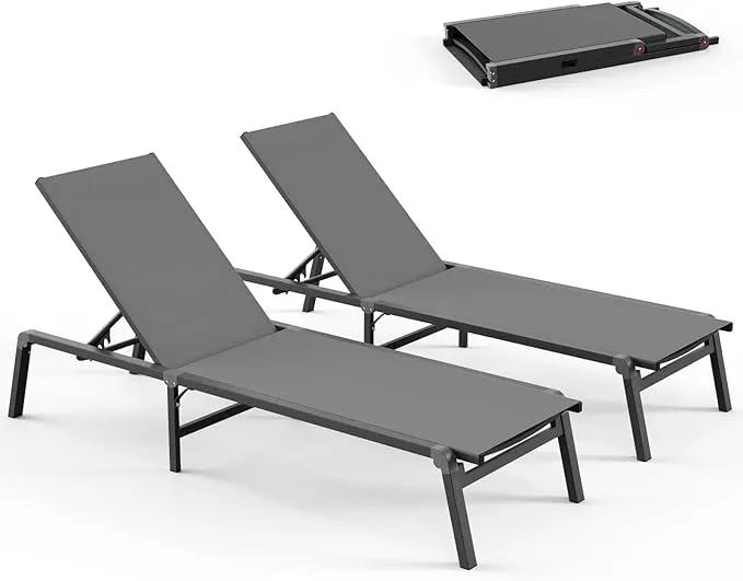 Pool Lounge Chairs Set of 2, Foldable Aluminum Chaise Lounge Outdoor with 5 Positions Recliner - Free Assembly - Patio Chaise Lounge Chair for Poolside, Beach, Yard (Darkgray, 2 Pack) by GreenHaven Gardens