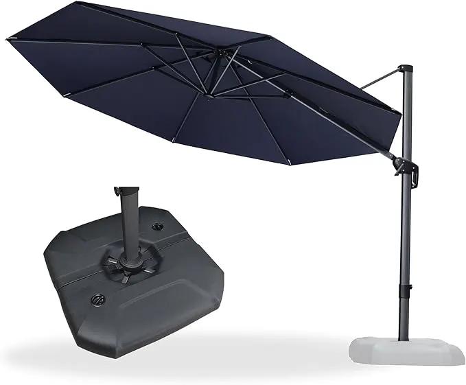 PURPLE LEAF 11 Feet Patio Round Cantilever Umbrella with Base Outdoor Aluminum Offset Umbrella with 360-degree Rotation for Pool Patio Garden Deck Navy Blue by GreenHaven Gardens