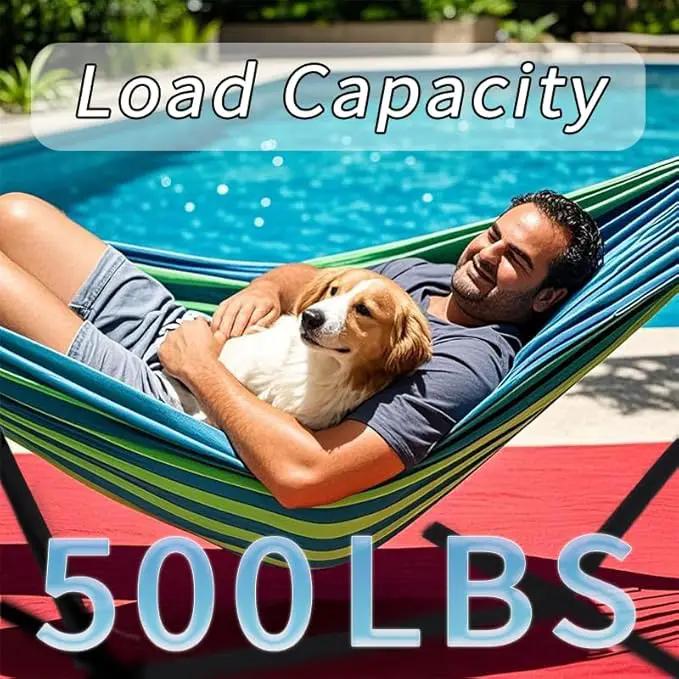 Double Hammock with Stand, 2 Person Hammock with Carrying Bag,Heavy Duty Portable,500 lb Capacity, Perfect for Both Indoors and Outdoors，Ocean Breeze by GreenHaven Gardens