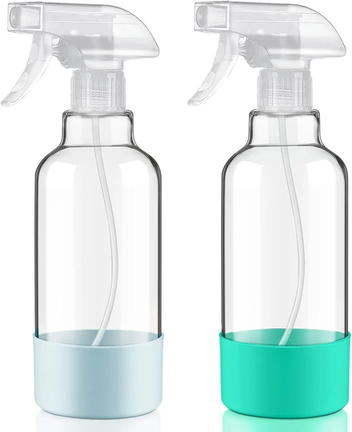 Glass Spray Bottles with Silicone Sleeve 16.9oz 2 Pack Empty Spray Bottle for Hair Mist/Stream Spraying for Cleaning Solutions, Plants, Essential Oils (clear-qblue&green) by GreenHaven Gardens