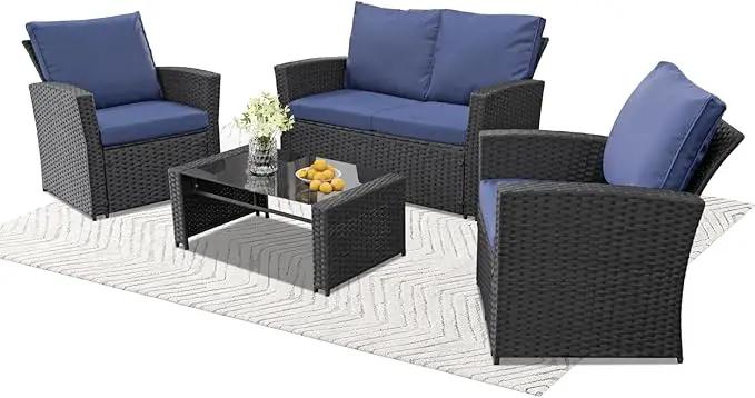 4 Piece Outdoor Patio Furniture Set,Wicker Conversation Sets Outdoor Sectional Patio Sofa Couch with Cushions & Coffee Table for Outside, Garden, Balcony, Porch,Black/Blue by GreenHaven Gardens