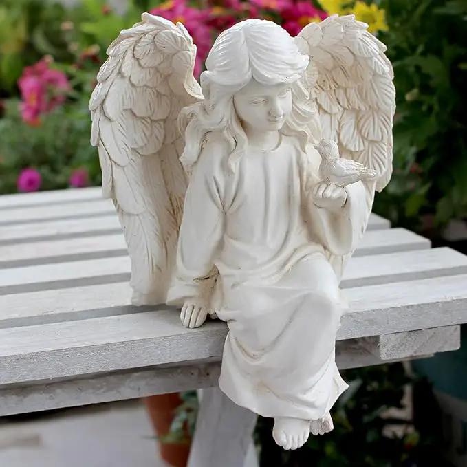 Angel Garden Statue, Sitting Angel Sculpture, Resin Angel with Bird Figurine for Patio Yard Porch Lawn Outdoor Decor Home Shelf Sitter Memorial Spiritual Gifts by GreenHaven Gardens