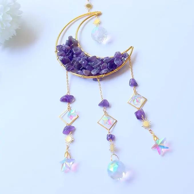 Amethyst Crystals Suncatcher - Hanging Moon Sun Catcher with Glass Prisms for Windows, Healing Amethyst Crystal Decor for Home, Gift for Christmas Birthday Valentine Mothers Day by GreenHaven Gardens