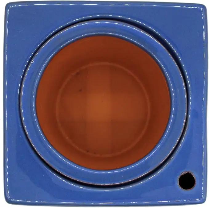 Ceramic African Violet Self Watering Pot 6 Inch Square Pot 3.5 Inch Innter Pot Easy Fill Water Reservoir Blue by GreenHaven Gardens