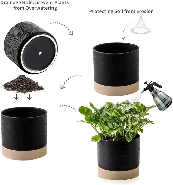 Nihow Ceramic Plant Pot: 6 Inch Planter with Drainage Hole & Saucer for Indoor & Outdoor Plants - Cylinder Round Flower Pot for Succulent/Herbs/Violets - Black & Brown by GreenHaven Gardens