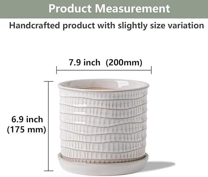8 Inch Plant Pot: Ceramic Planter with Drainage Hole & Saucer - Cream White Flowerpot for Indoor & Outdoor Plants - with Separate Tray for Home & Office - Wave Embossed Design by GreenHaven Gardens