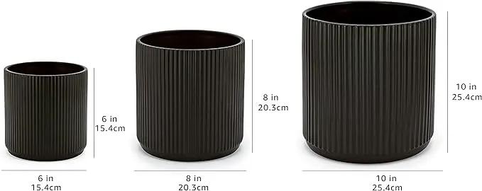 Amazon Basics Assorted Sizes Fluted Ceramic Round Planters, Set of 3, Black, 6-Inch, 8-Inch, 10-Inch by GreenHaven Gardens