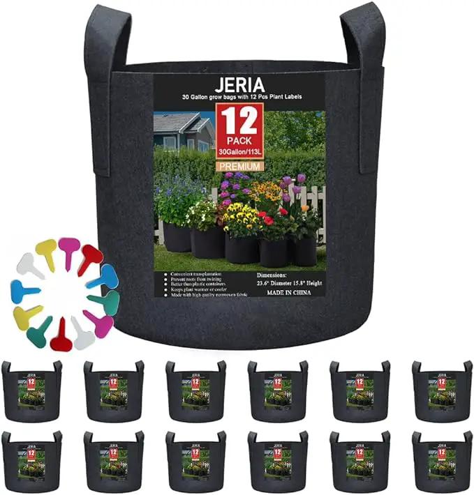 JERIA 12-Pack 30 Gallon, Vegetable/Flower/Plant Grow Bags, Aeration Fabric Pots with Handles (Black), Come with 12 Pcs Plant Labels