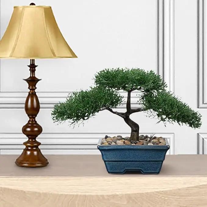 Artificial Bonsai Tree Juniper Faux Plants Indoor Fake Plants Decor with Blue Ceramic Pots for Home Table Office Desk Bathroom Shelf Bedroom Living Room Farmhouse Decorations-Pine by GreenHaven Gardens