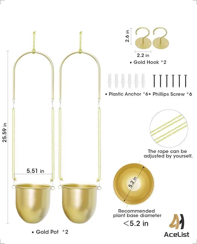 AceList Gold Hanging Planter Set of 2-5.51 Inch Hanging Planters for Indoor Plants, Home, Balcony, Garden, and Patio - Window Hanging Planters with Hemp Rope by GreenHaven Gardens