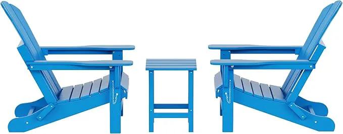 WO Home Furniture Adirondack Chairs Table Set of 3 PCS Outdoor Folding Chairs Side End Table Weather/UV Resistant for Lawn, Garden, Bon Fire, Balcony (Pacific Blue) by GreenHaven Gardens