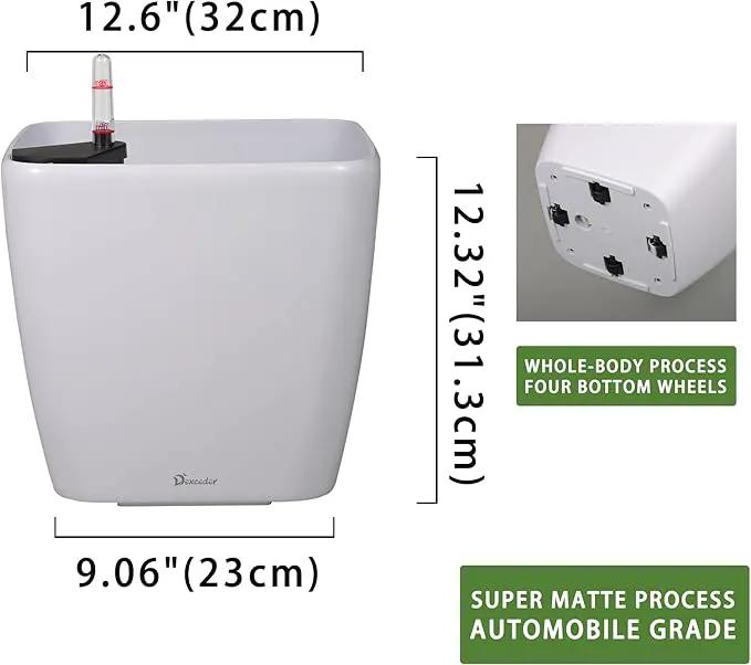 Dexceder 13x12 Self Watering Planter with Wheels Indoor Outdoor, Inner Mat Design, Thickened Large Floor Standing Flower Plant Pot with Water Level Indicator (White Matte) by GreenHaven Gardens