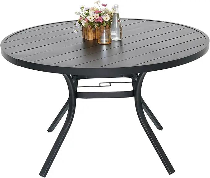 Round Outdoor Dining Table, 48-inch All-Weather Patio Table with Adjustable Umbrella Hole for Deck Lawn Garden Backyard Balcony Deck, Black Metal Frame Slatted Tabletop by GreenHaven Gardens