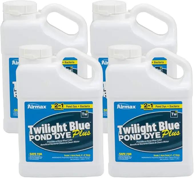 Airmax Pond Dye Plus, Twilight Blue Colorant & Natural Beneficial Bacteria, Large Pond & Lake Water Clarifier & Color Treatment, Shade Plants & Algae from Sunlight, Fish & Livestock Safe, 4 Gallons by GreenHaven Gardens