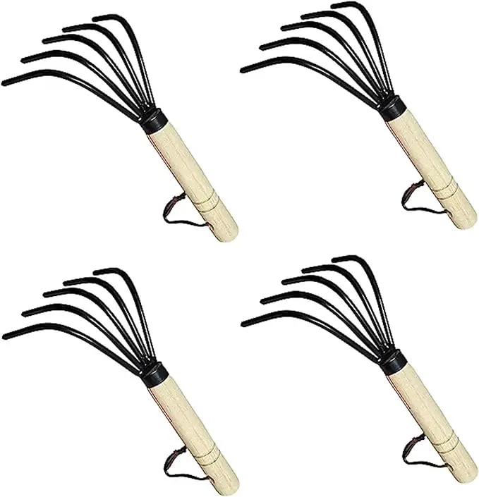 Garden Guru Hand Rake Cultivator Claw Soil Tiller - Military Grade Steel - Rust Resistant - 5 Tine Japanese Ninja Claw - Comfortable Wood Handle - Perfect Pulverized and Aerated Soil (4 Pack) by GreenHaven Gardens