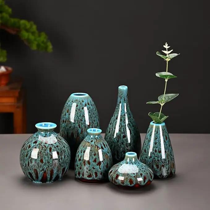 Ceramic Bud Vase Set, Fambe Blue Glazed Finish, Decorative Flower Vases (Blue-Set of 6) by GreenHaven Gardens