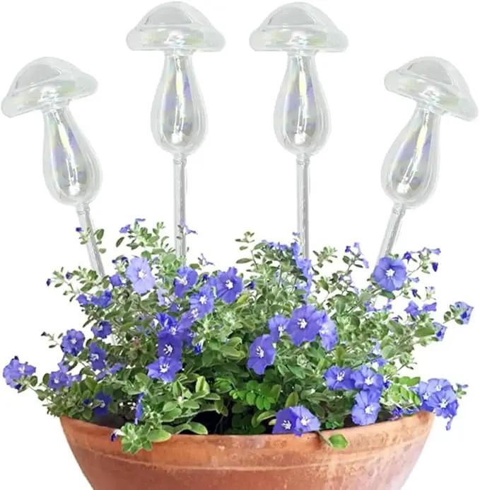 Evelots Plant Self Watering Glass Globes, Iridescent Mushroom Shaped Bulbs (4 Pack) Automatic Water Irrigation System for Plants with Funnel, Indoor & Outdoor Use -Extra Long 9 Inches by GreenHaven Gardens