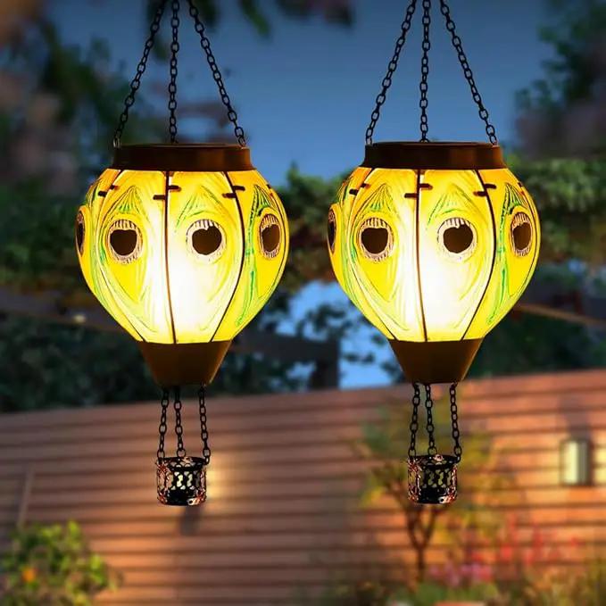 Starsoul 2 PC Peacock Hot Air Balloon Solar Lantern with Flame Glass Outdoor Hanging Hot Air Balloon Solar Light Waterproof Garden Patio Yard Party Decorations by GreenHaven Gardens
