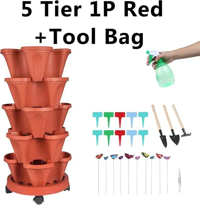 Vertical Planter, 5 Tier Stackable Strawberry Planter with Garden Tool Set, Movable Indoor/Outdoor Garden Herb Pot for Growing Vegetables and Succulents, Red by GreenHaven Gardens