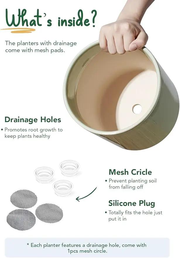 LE TAUCI Ceramic Plant Pots Indoor, 10+8+6 Inch Planters for Indoor Plants, Mid-Century Modern Pots with Drainage Hole and Plug, Cylinder Round Planters, Set of 3, Sage Green by GreenHaven Gardens